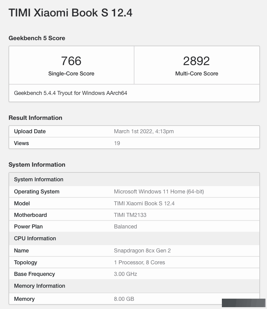 小米笔记本S 12.4曝光：搭载骁龙8cx Gen2 运行Windows 11系统