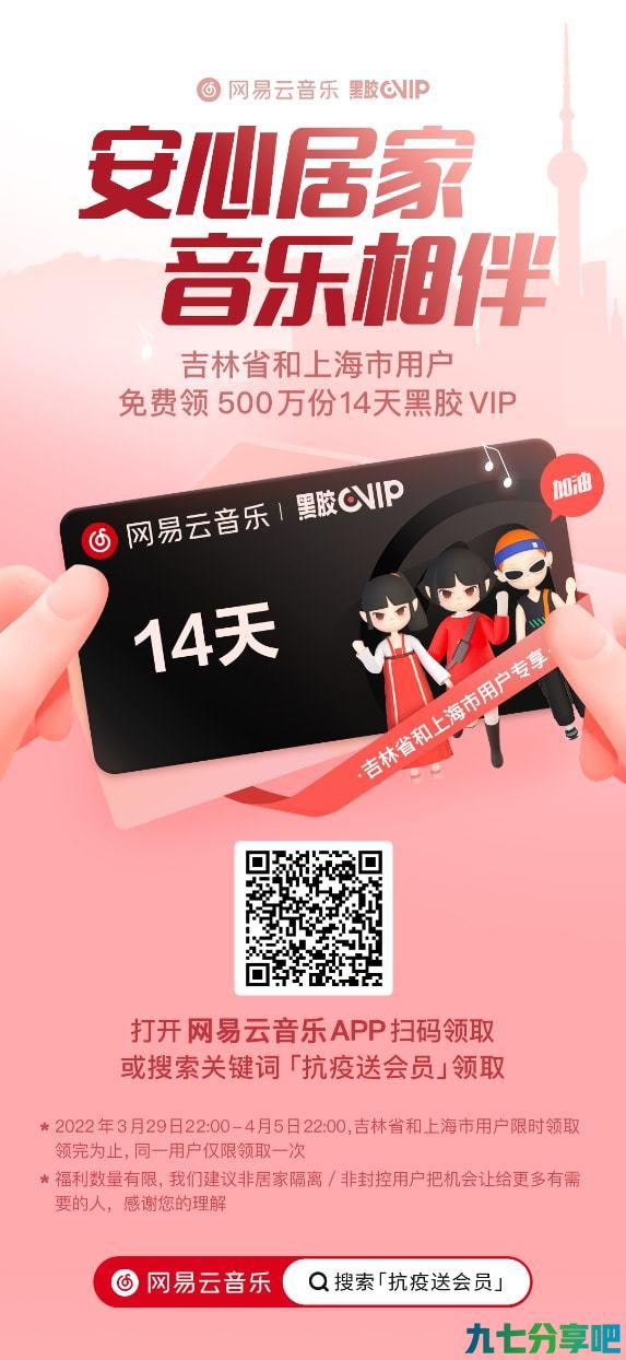 网易云音乐助力抗疫再送福利：为吉林、上海两地用户送上500万份VIP礼包